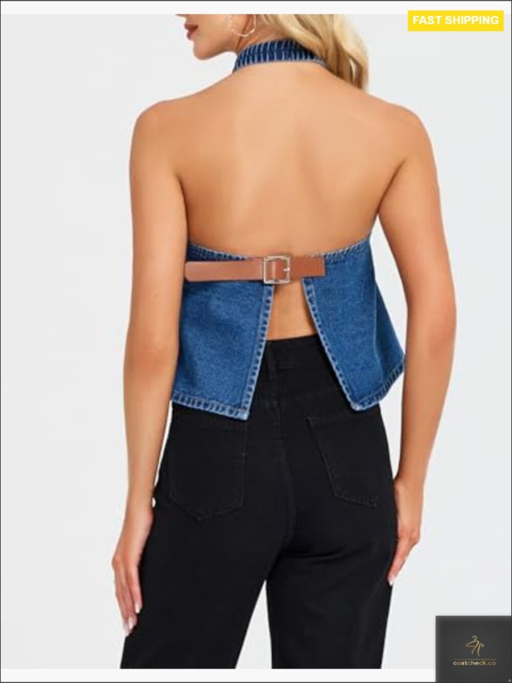 Halter Denim Vest Sleeveless Open Back Y2K Western Waistcoat Crop Jean Top Party - Picture 4 of 7